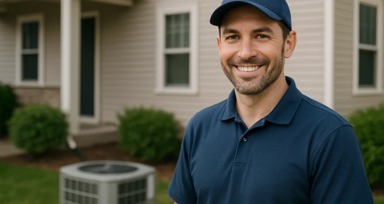an hvac technician on the front porch smiling at the camera and an AC unit next to him from Austin Air Conditioning Repair in Austin, TX - HVAC Technician