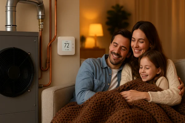 a family cuddling on the couch next to the house furnace from Austin Air Conditioning Repair in Austin, TX - HVAC Technician