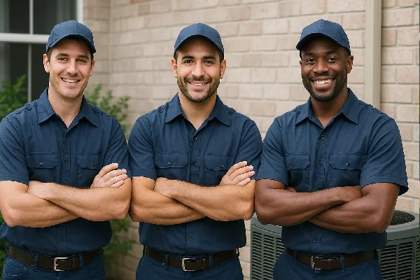 3 hvac technician ouside a house smiling at the camera from Austin Air Conditioning Repair in Austin, TX - HVAC Technician