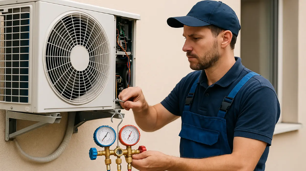 a male hvac technician checking an ac unit from Austin Air Conditioning Repair in Austin, TX - Hvac Technician Near Me