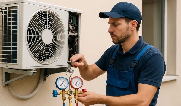 a male hvac technician checking an ac unit from Austin Air Conditioning Repair in Austin, TX - Hvac Technician Near Me