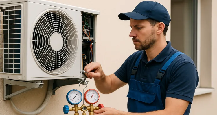 a male hvac technician checking an ac unit from Austin Air Conditioning Repair in Austin, TX - Hvac Technician Near Me