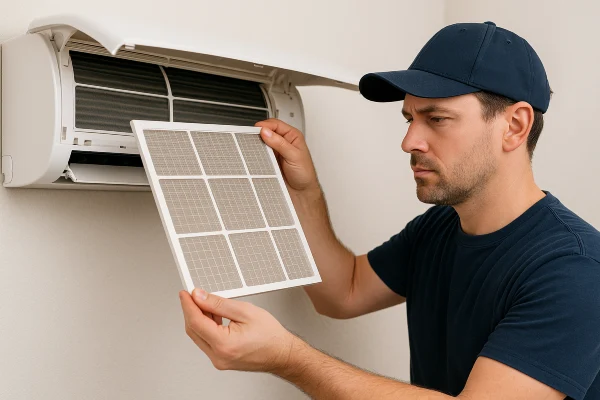 a male hvac technician replacing an ac filter from Austin Air Conditioning Repair in Austin, TX - Hvac Technician Near Me