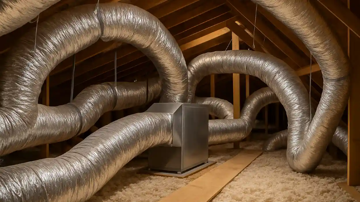 traditional AC ducts installed in the attic of a house from Austin Air Conditioning Repair in Austin, TX - Recharging Air Conditioner