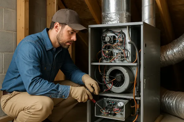 an hvac technician with a screwdriver checking the wiring of a furnace from Austin Air Conditioning Repair in Austin, TX - Recharging Air Conditioner