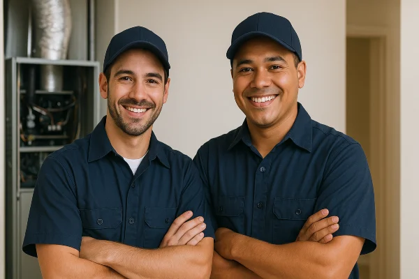 2 hvac technician smiling at the camera from Austin Air Conditioning Repair in Austin, TX - Recharging Air Conditioner