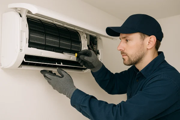 an hvac technician fixing a mini split AC unit from Austin Air Conditioning Repair in Austin, TX - Recharging Air Conditioner