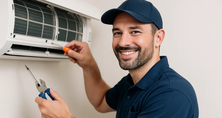 a male hvac techinican using a screwdriver to open a mini split unit and smiling at the camera from Austin Air Conditioning Repair in Austin, TX - Residential Air Conditioning Repair