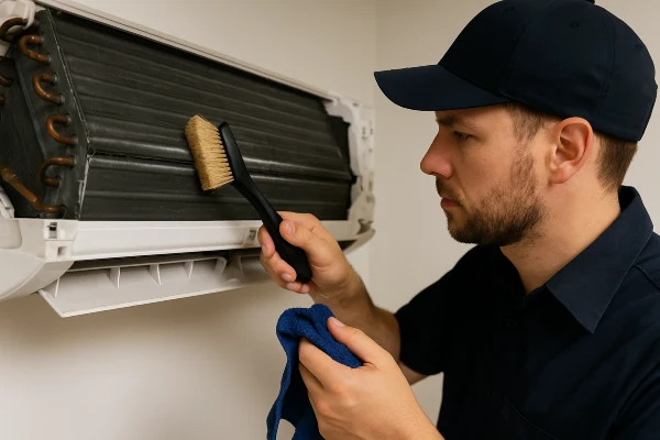 an hvac technician cleaning the coils of an AC unit from Austin Air Conditioning Repair in Austin, TX - Residential Air Conditioning Repair